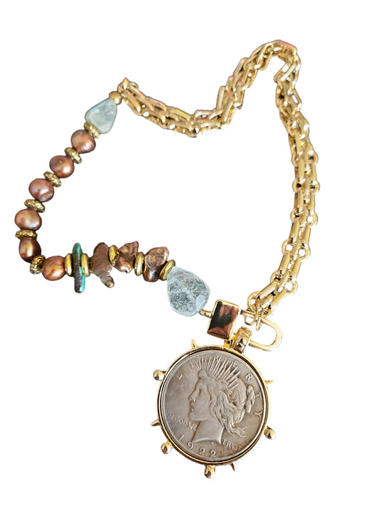 Aquamarine and pearl coin necklace